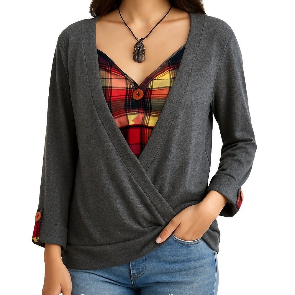 Dressfo Womens 2XL Gray Plaid Trim‎ Faux Layered Wrap Top Long Sleeve Casual